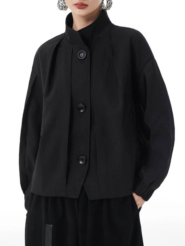 Long Sleeves Loose Buttoned Elasticity Pleated Stand Collar Jackets Outerwear