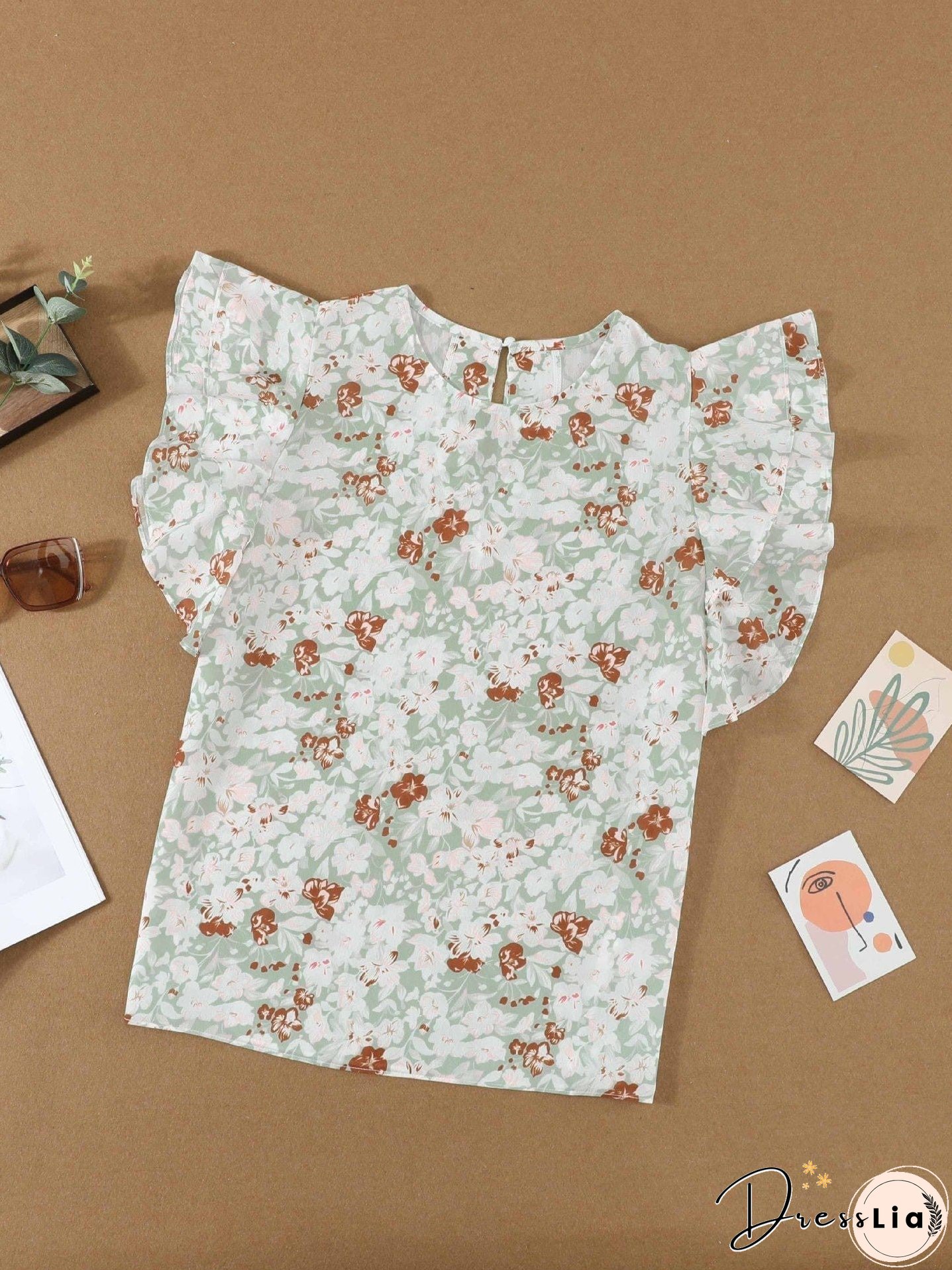 Feifei Floral Chiffon Printed Round Neck Shirt For Women