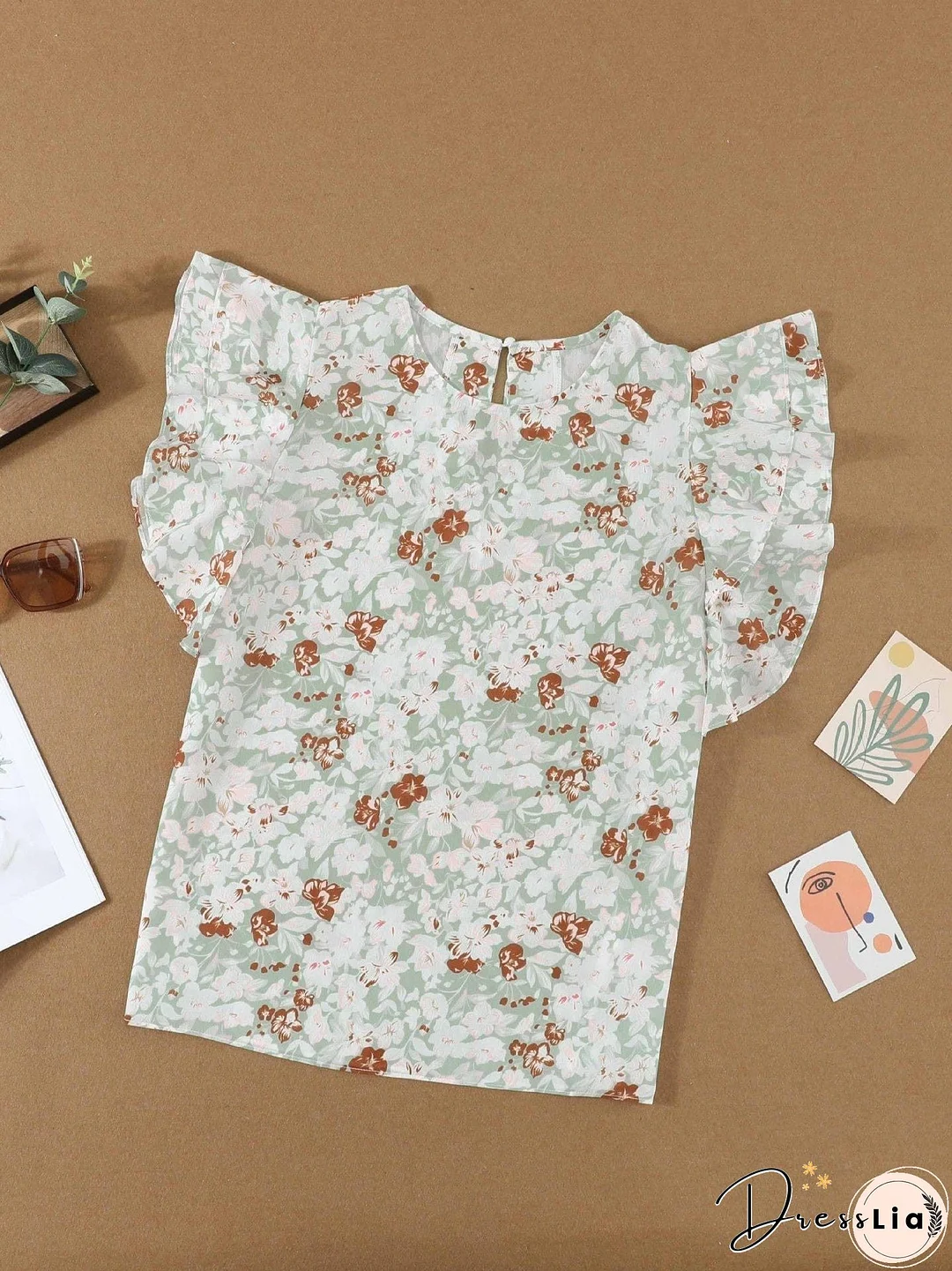 Feifei Floral Chiffon Printed Round Neck Shirt For Women