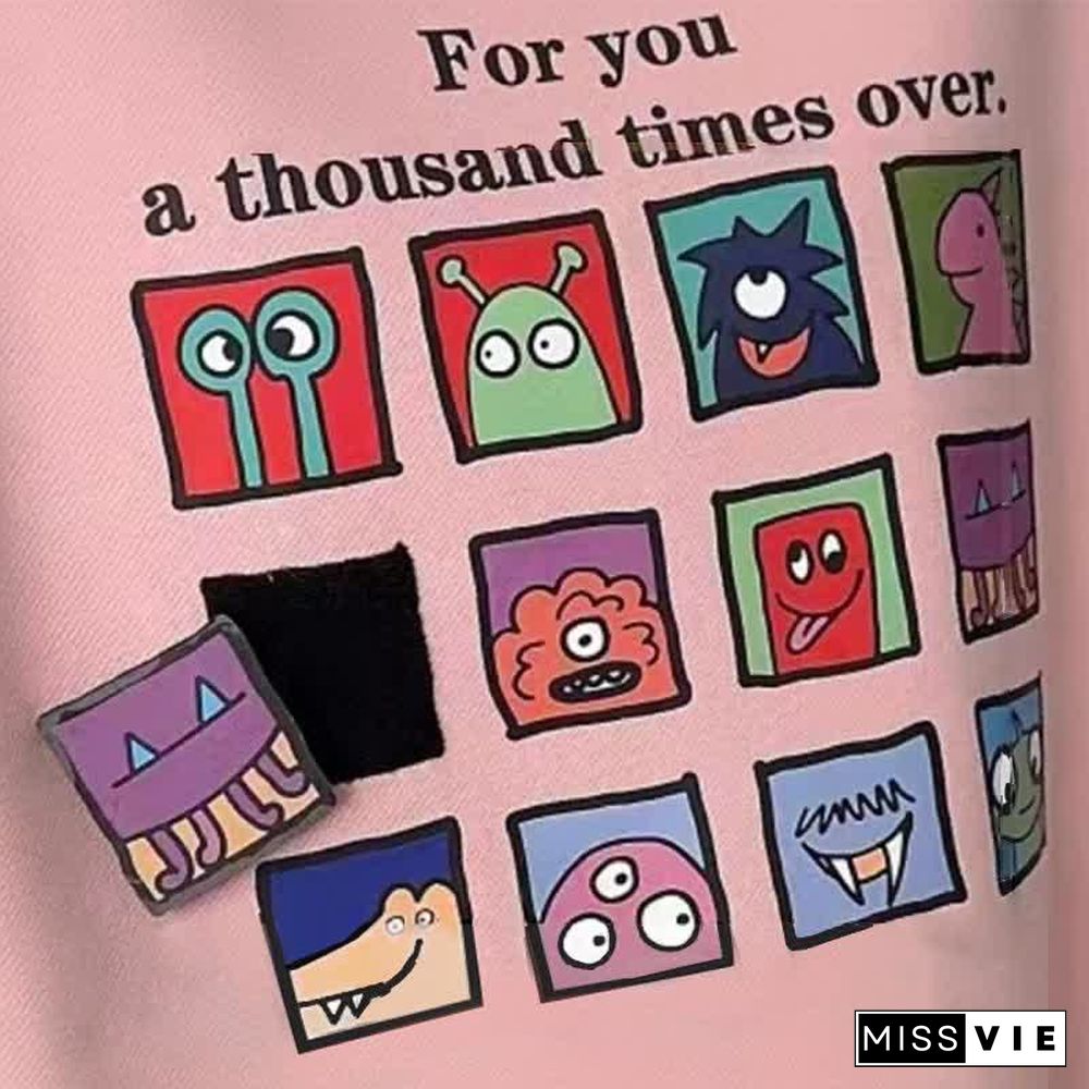 Cartoon Letter Print Long Sleeve Lapel Sweatshirt