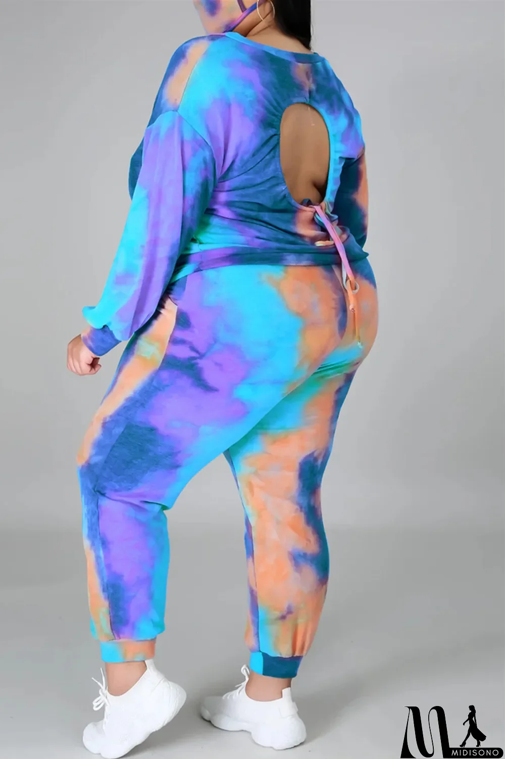MidiSono - Multicolor Fashion Casual Print Tie Dye Backless O Neck Plus Size Two Pieces