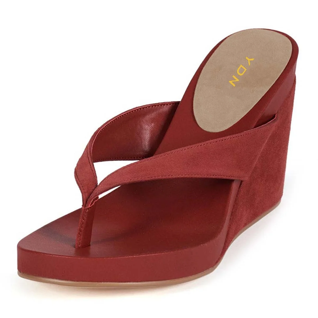 YDN Red Low Platform Open Toe Flip Flop Wedge Sandals for Women