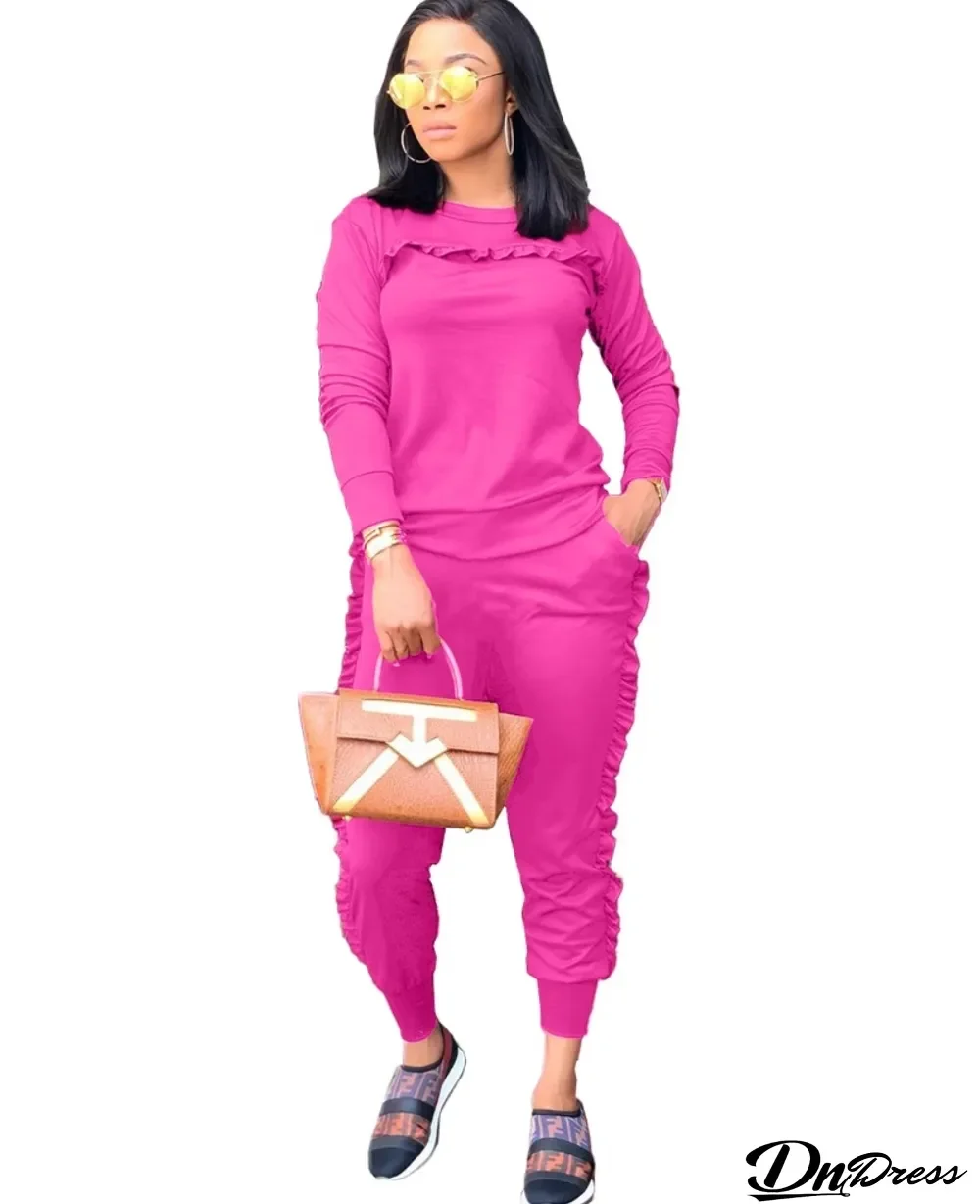 Autumn Casual Two Piece Ruffles Shirt and Pants Set