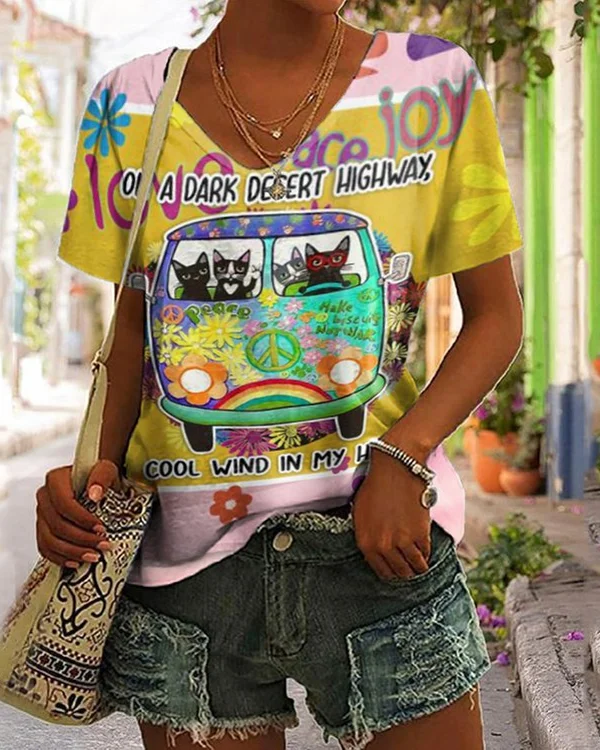 🔥kukelife🔥Hippie Car Pet Print V-Neck Tank Top