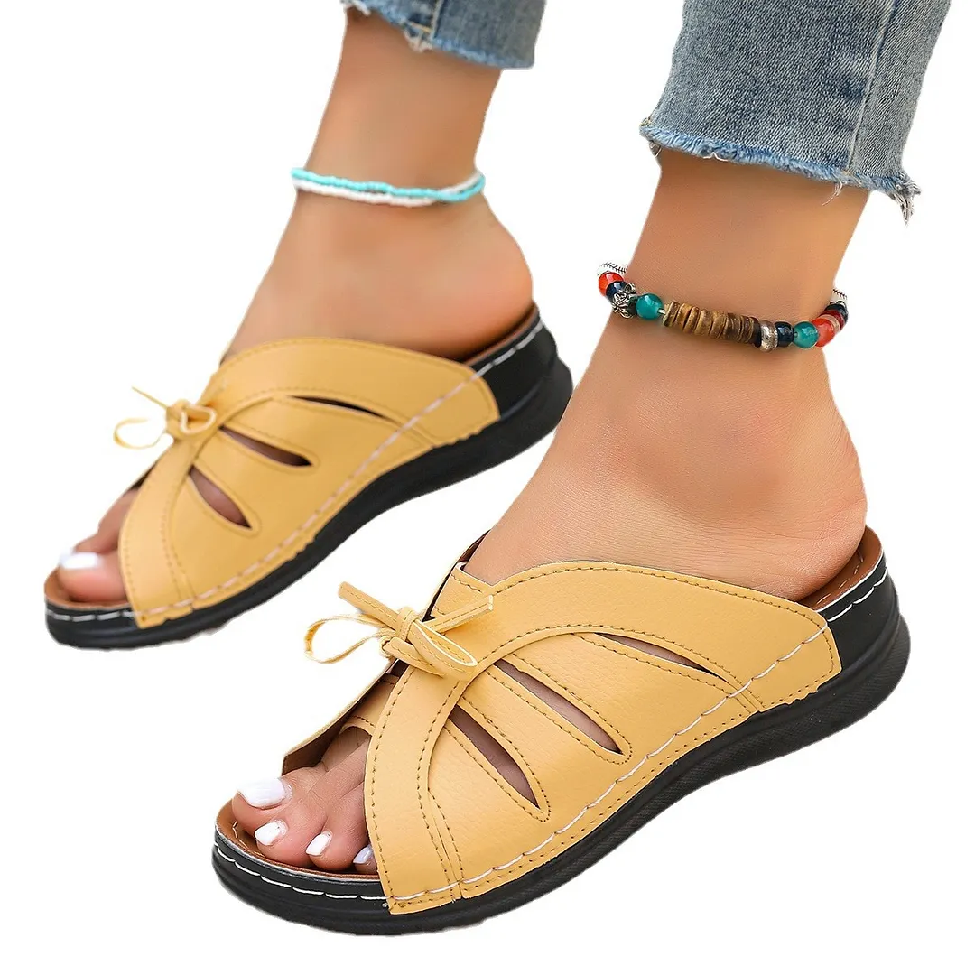 Yyvonne Bow Flat Bottom Slope And Slippers 2025 New Solid Color Rocking Line Hollow Fish Mouth Slippers