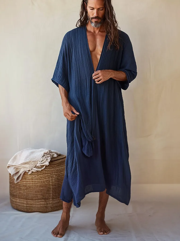 Navy Linen V-neck Kaftan