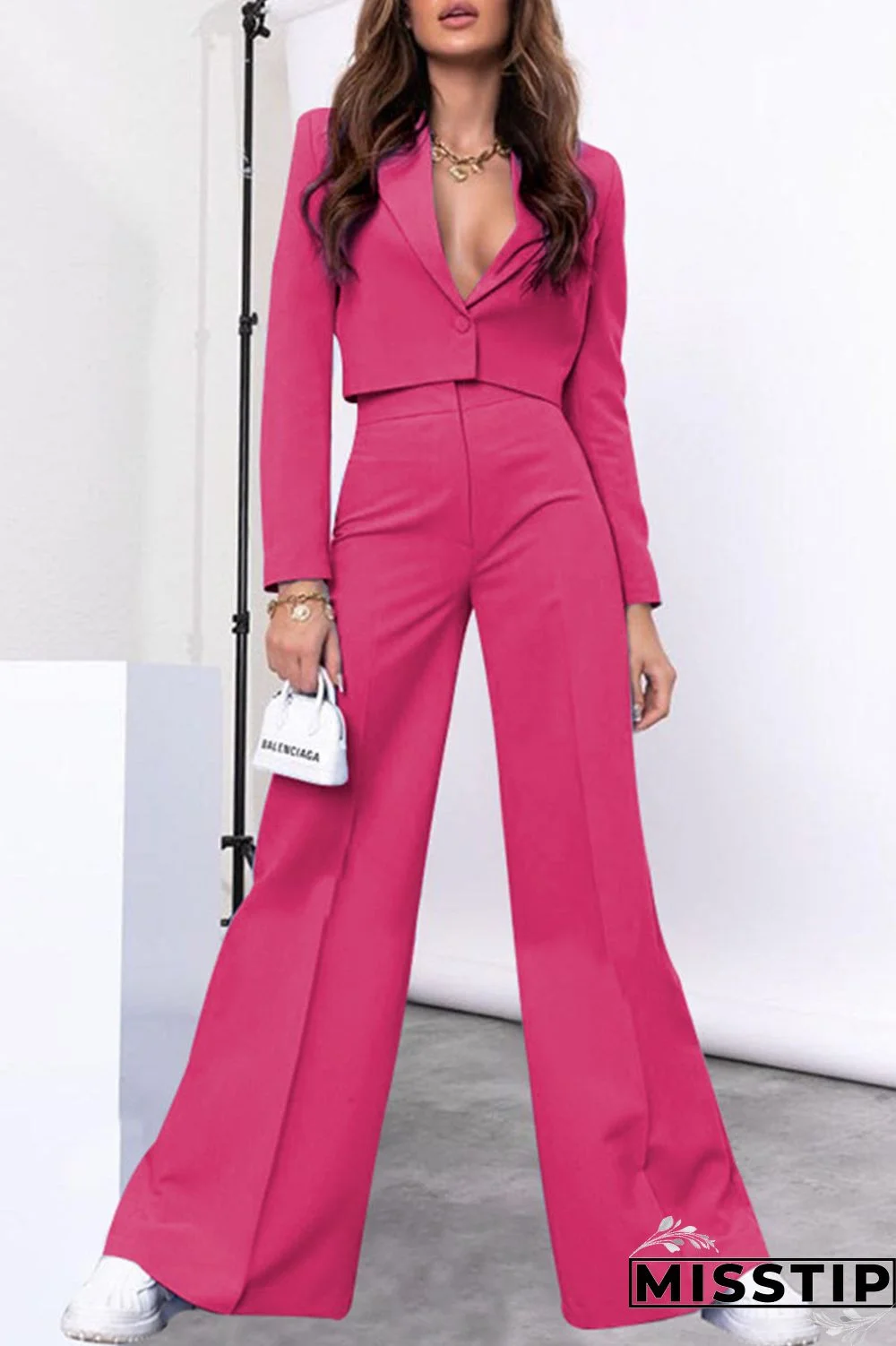 Rose Red Casual Solid Patchwork Buttons V Neck Long Sleeve Two Pieces