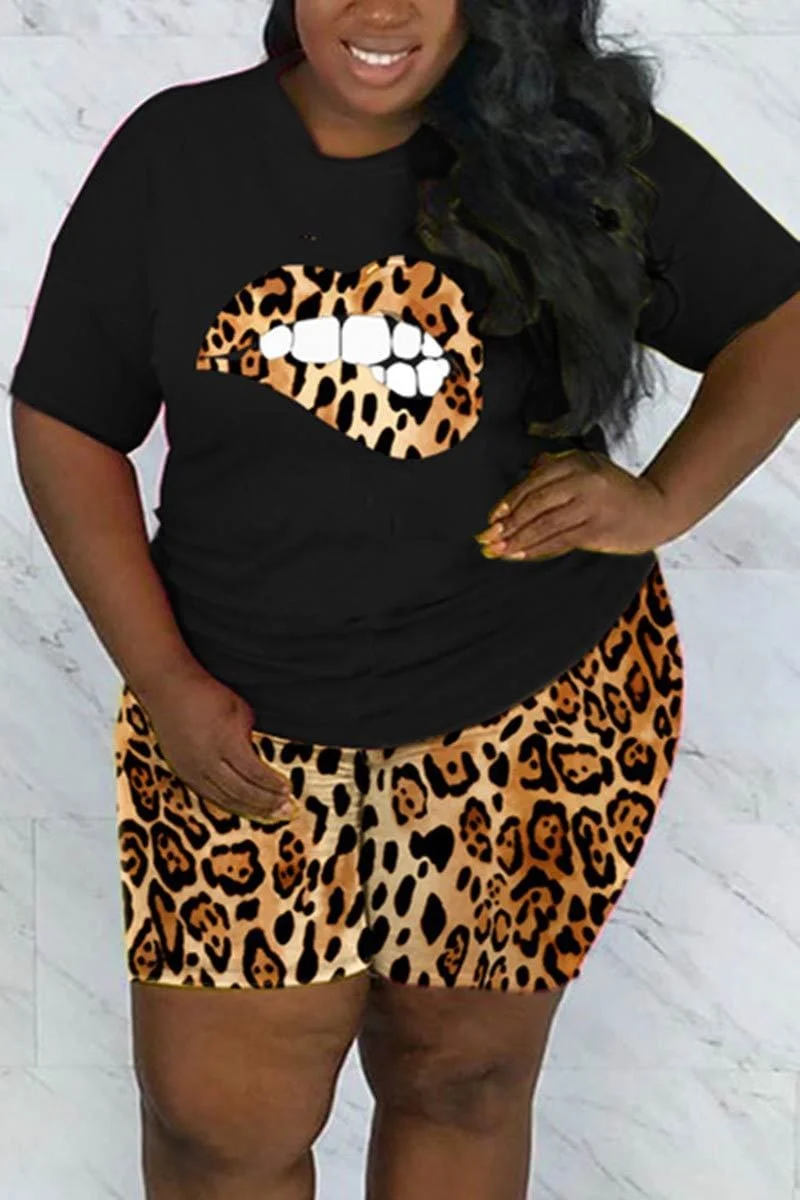 Fashion Leopard Lips Printed Plus Size Set