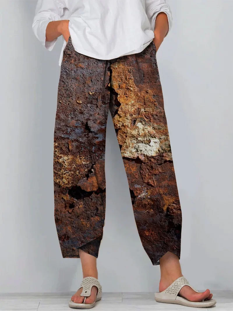 Retro Chic Rust Print Loose Cropped Pants