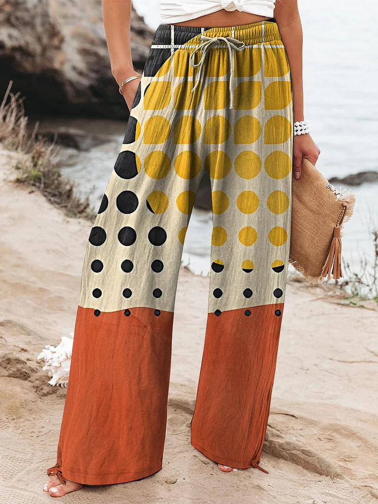 Women's Bohemian Color Block Abstract Art Printed Cotton And Linen Casual Pants