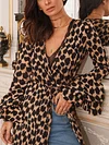 Leopard Print Flared Sleeves Bandage Tunicshang Maxi Dress