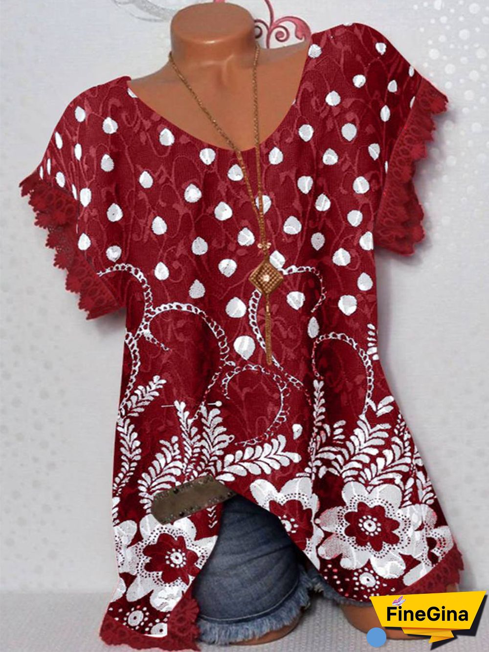 Women's Short Sleeve Scoop Neck Floral Printed Lace Patchwork Tops T-shirt