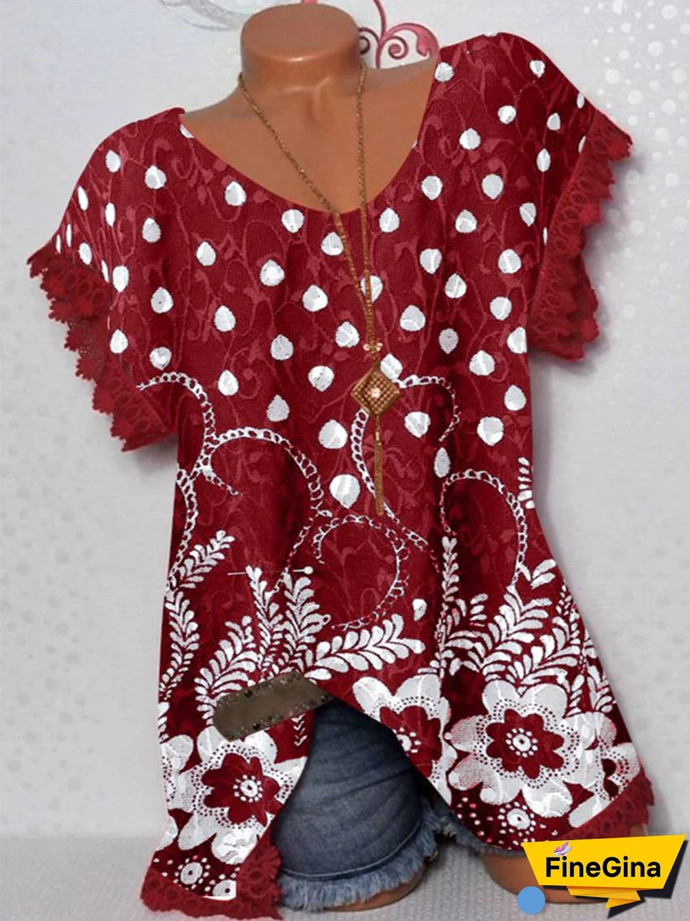 Women's Short Sleeve Scoop Neck Floral Printed Lace Patchwork Tops T-shirt