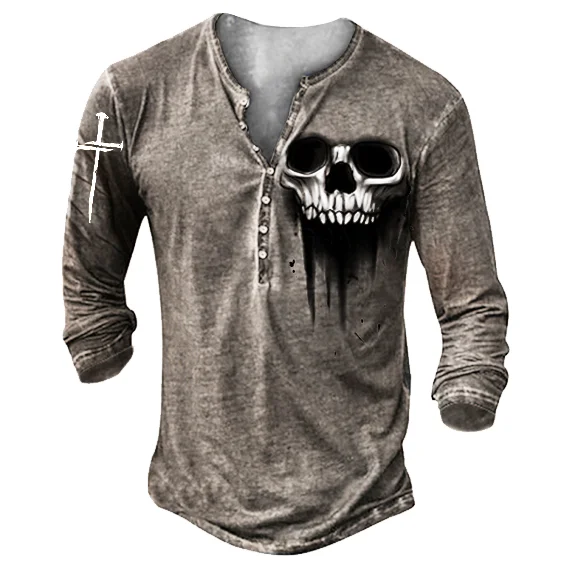 Men's Skull Printed Retro Casual Outdoor Henley Shirts / [viawink] /