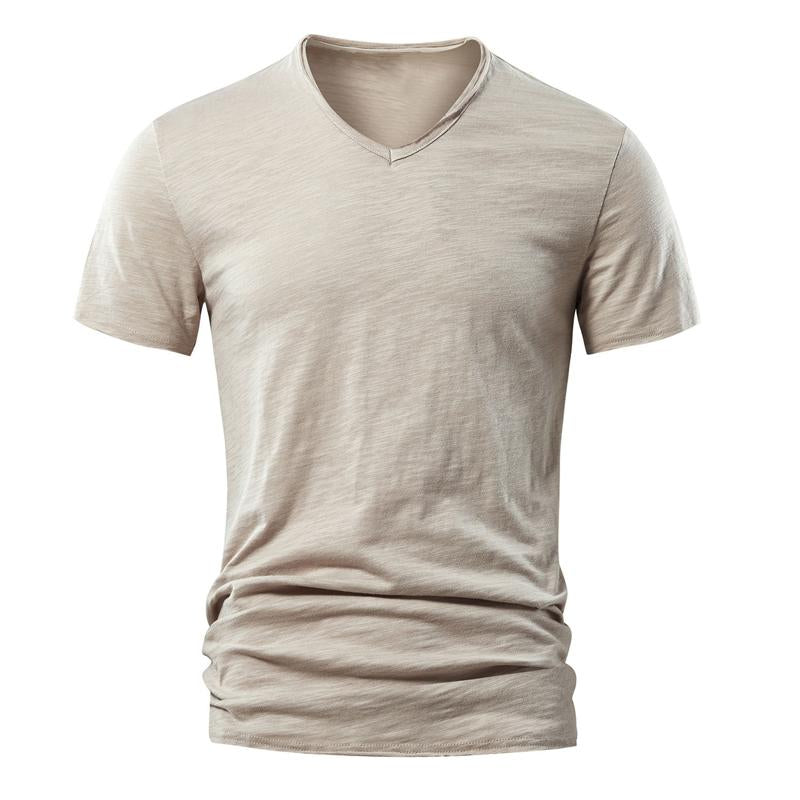 Men's Solid Color Slub Cotton V-neck Short-sleeved T-shirt