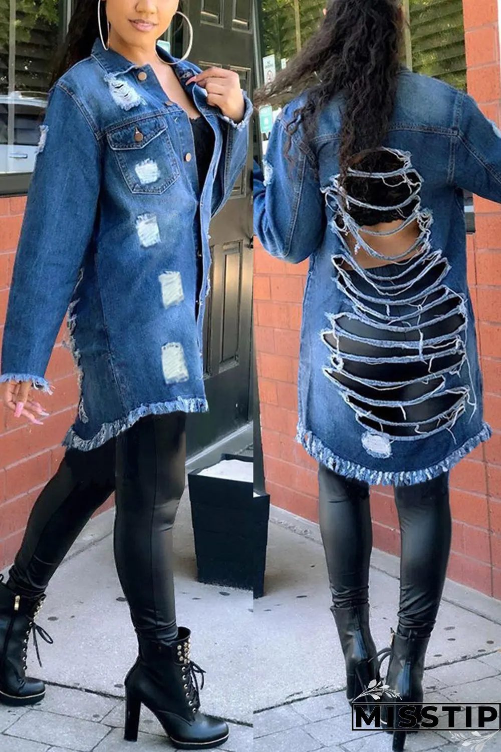 Dark Blue Fashion Casual Solid Ripped Turndown Collar Long Sleeve Regular Denim Coats