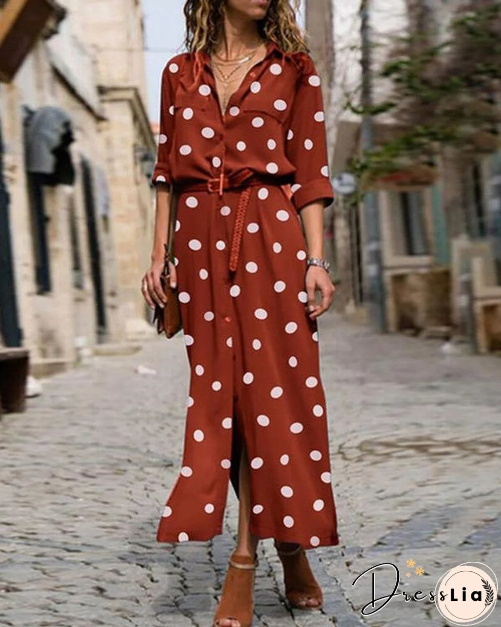 Polka Dot Print Women Casual Midi Dress