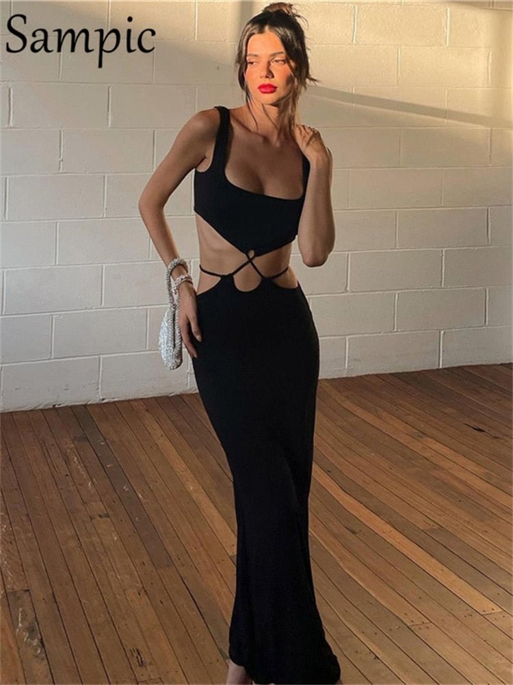 Sampic Dress For New Year 2022 Sexy Party Club Hollow Out Black Strap Long Bodycon Dresses Fashion Wrap Casual Ladies Dress