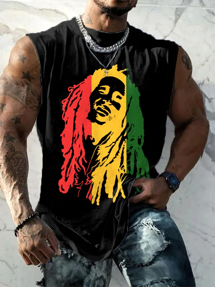 Comstylish Bob Marley Print Casual Loose Cotton Tank Top