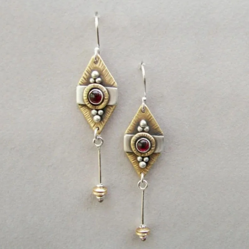 Fashion Two Tone Tribal Redstone Inlaid Earrings Gypsy Jewelry Geometric Engraving Wedding Bridal Drop Earrings