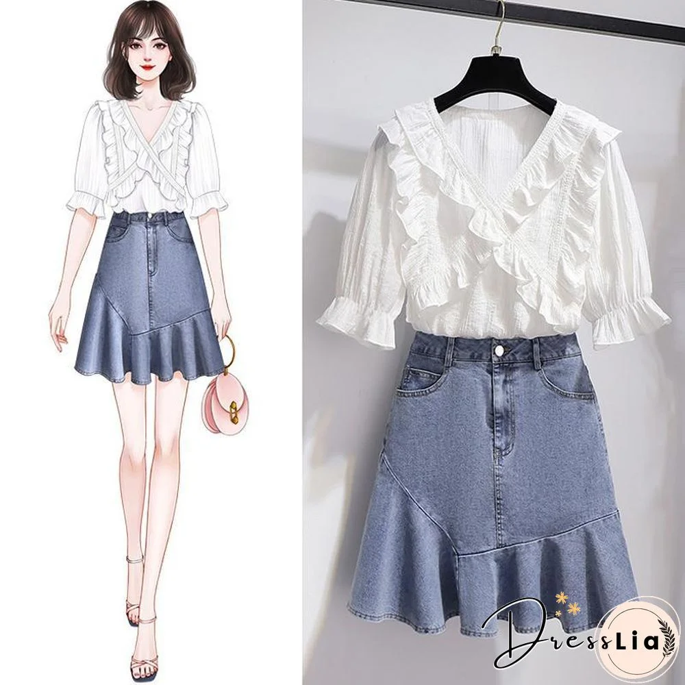 Solid Color Tee+Denim Fishtail Skirt P15082