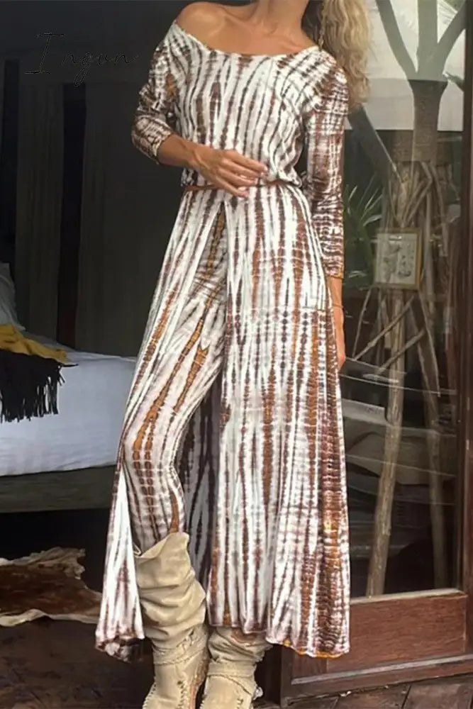Ingvn - Casual Vintage Striped Slit Without Belt V Neck Long Sleeve Two Pieces(No Belt) White / S