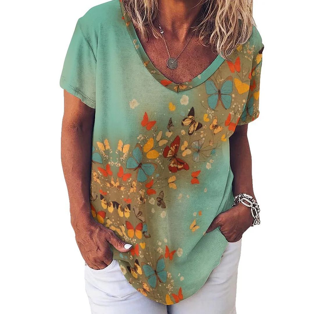 V-neck Short Sleeve Casual T-shirt for  Women Printed with Pattern Brown, Green, Butterfly