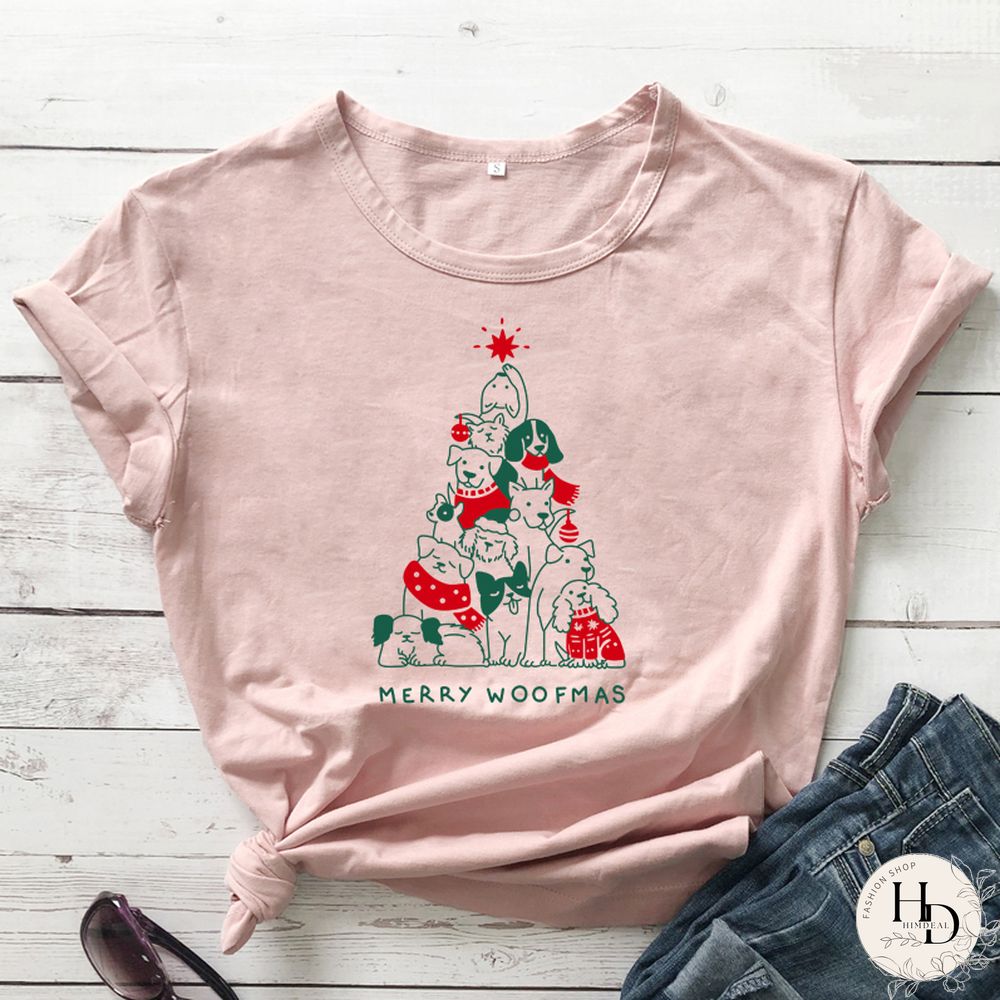Merry Woofmas Colored Print T-shirt Kawaii Dog Lover Christmas Holiday Gift Tshirt Funny Women Graphic Tees Tops Drop Shipping