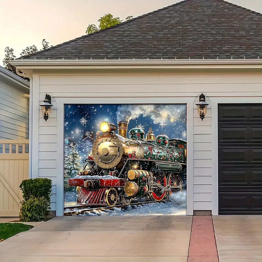 Garage Door Banner Decoration - Santa’s Sleigh on Rails The Enchanted Christmas Train Adventure