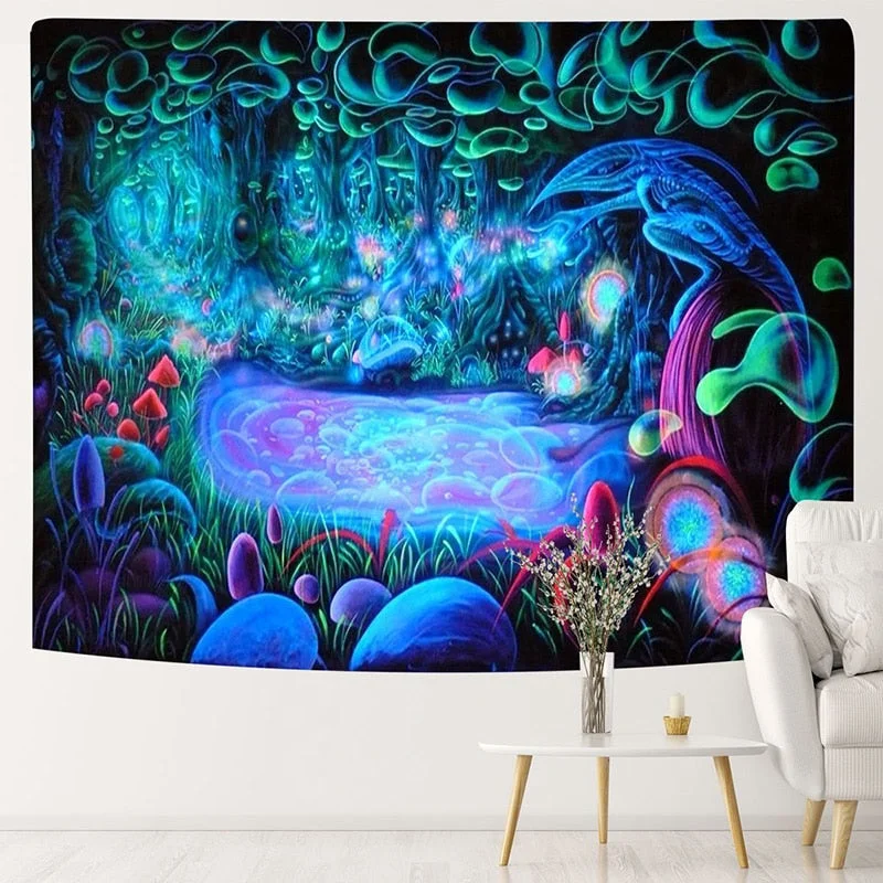 Psychedelic Mushroom Fluorescent Tapestry Hanging Cloth Wall Decor Glow Under Ultraviolet Light Room Aesthetic for Teen Girls