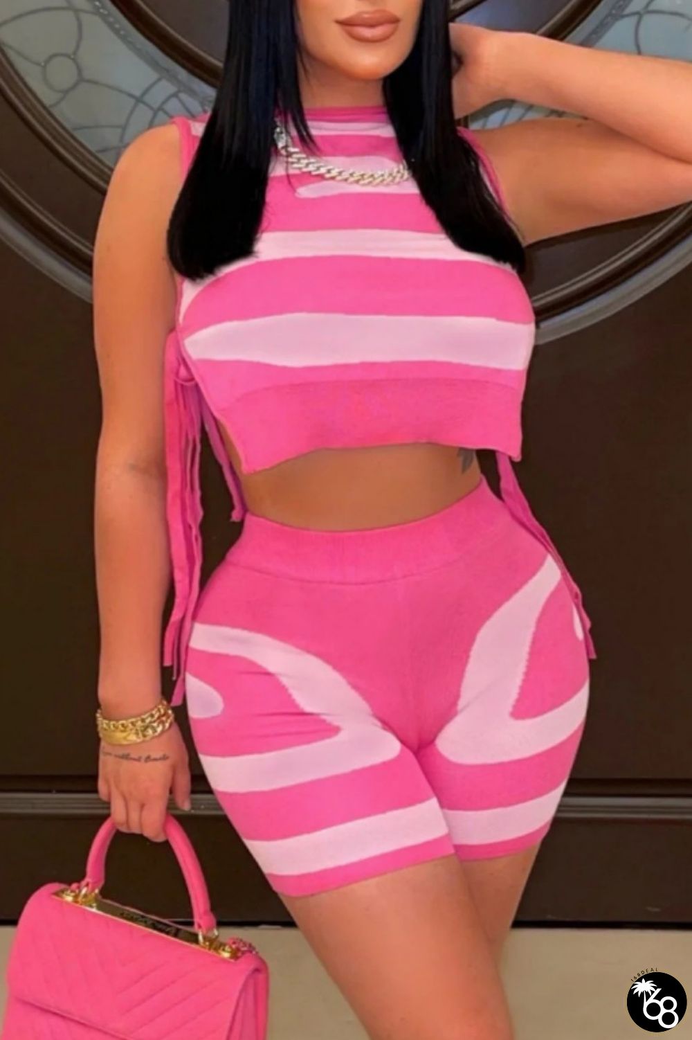 Rose Red Casual Patchwork Frenulum Contrast O Neck Sleeveless Two Pieces | 168DEAL