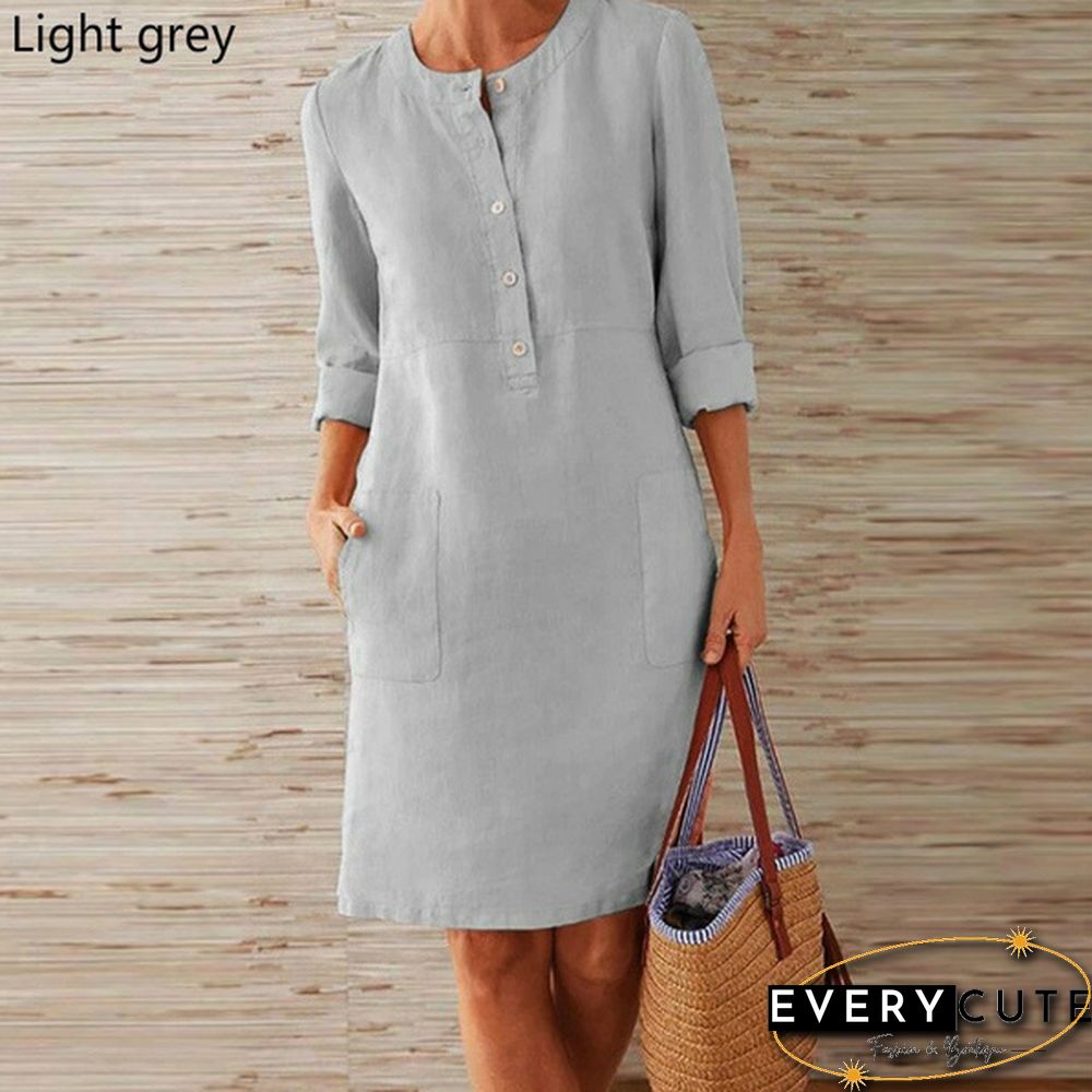 Women Casual Round Neck Dress Cotton And Linen Loose Botton Plus Size Long Sleeve Midi Dress