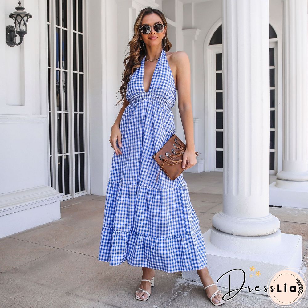 Sexy Dress For Women Summer New Casual Bohemian Holiday Ruffle Hem Plaid Long Backless