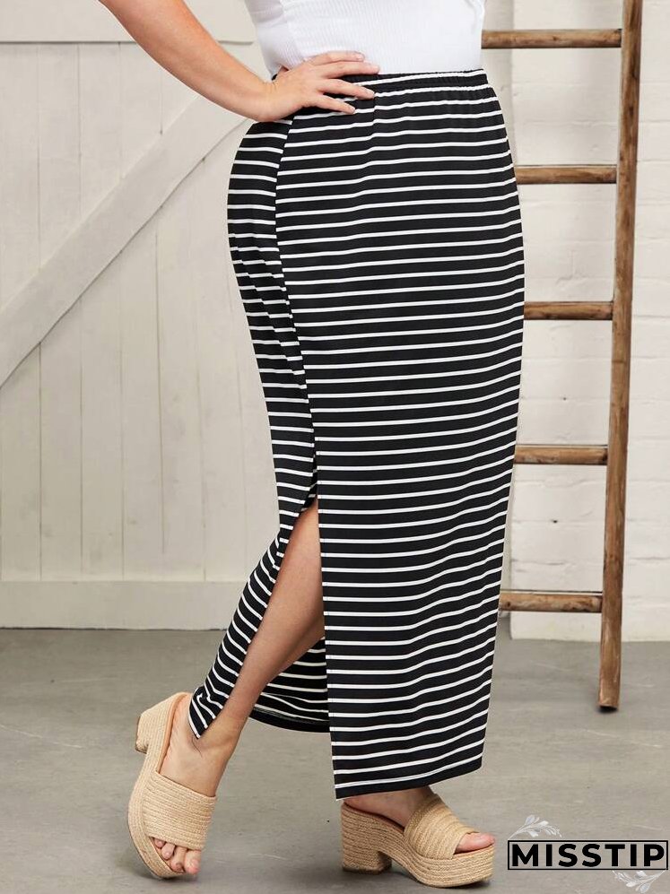 Plus Striped Split Hem Skirt Without Belt