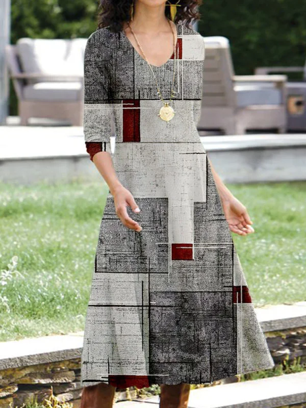 Women's 3/4 Sleeve Scoop Neck Graphic Midi Dress