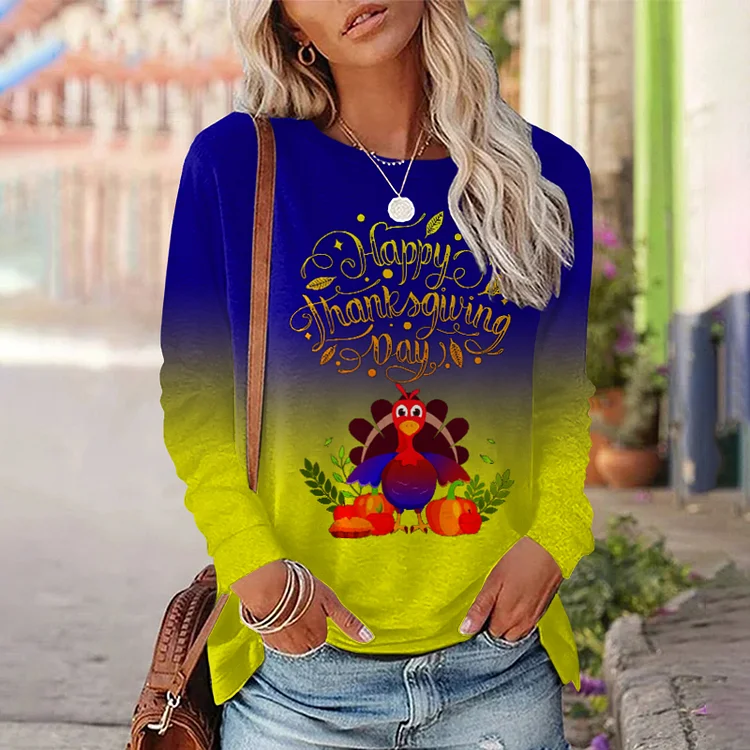 Wearshes Happy Thanksgiving Day Turkey Print Gradient Sweatshirt