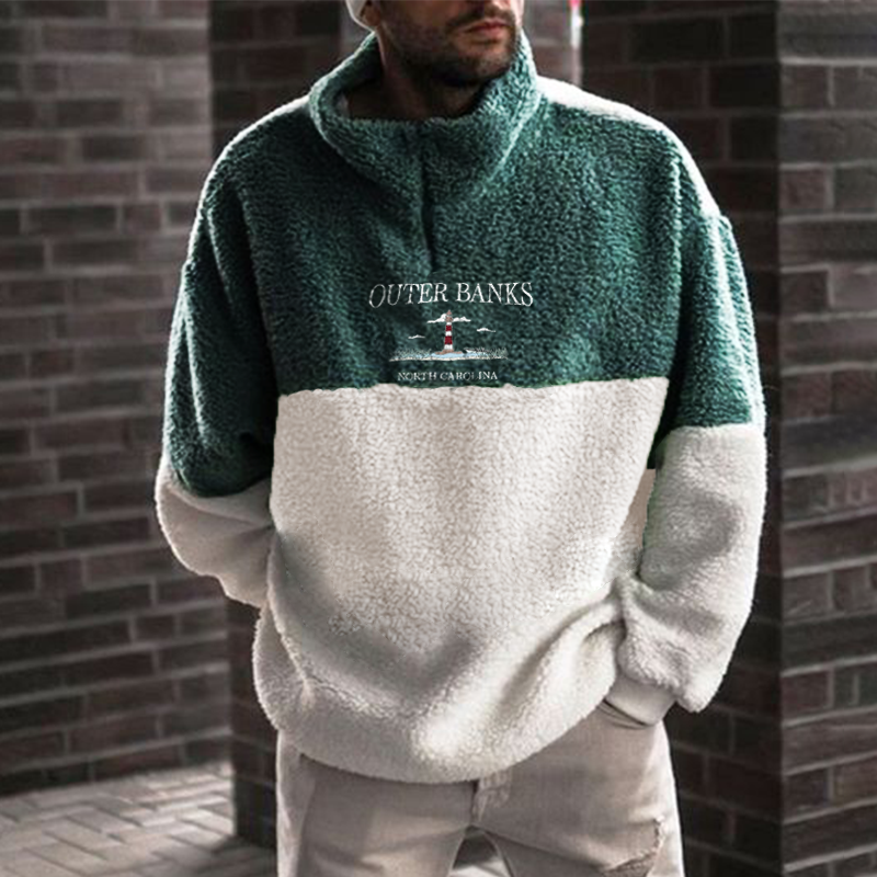 Men's Oversized "OUTER BANKS" Embroidered Sherpa Sweatshirt、、URBENIE