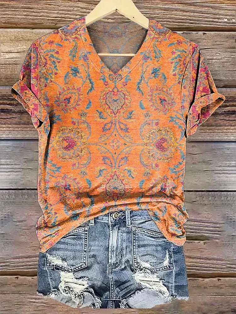 Women's Retro Ethnic Totem Print V-neck Casual Shirt