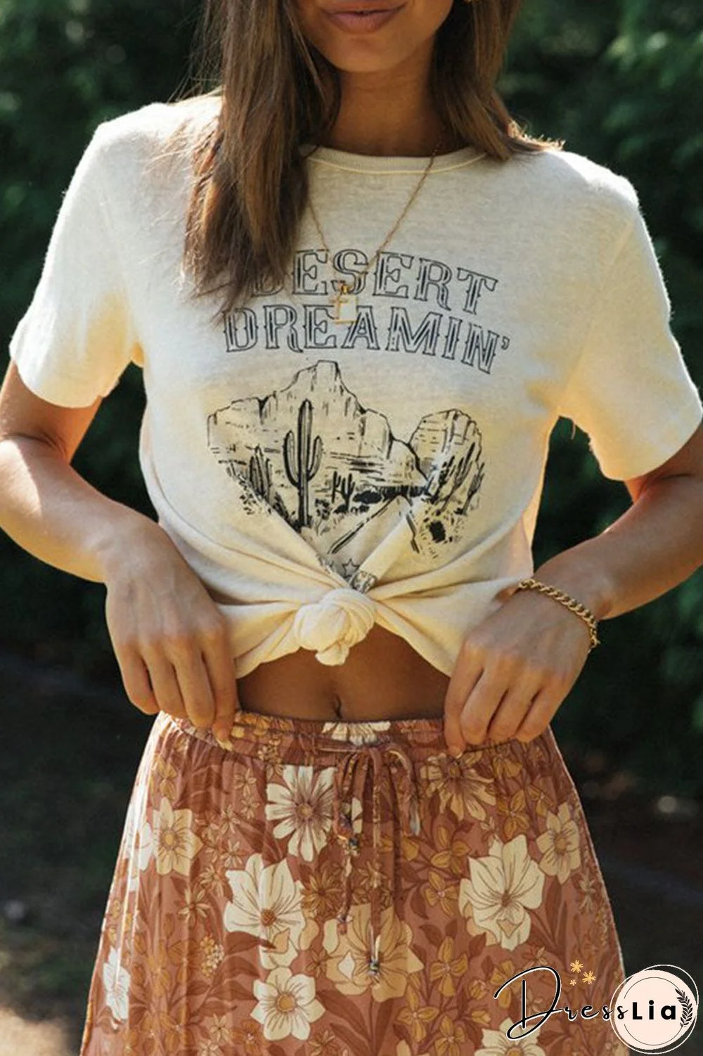 Fashion Street Print Split Joint O Neck T-Shirts