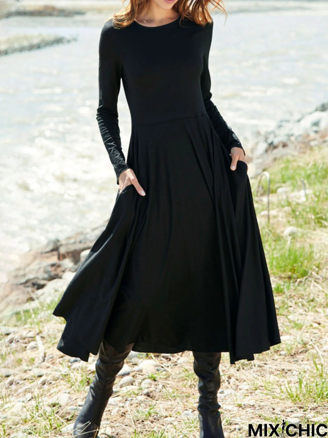 Crew Neck Plain Jersey Casual Midi Dress