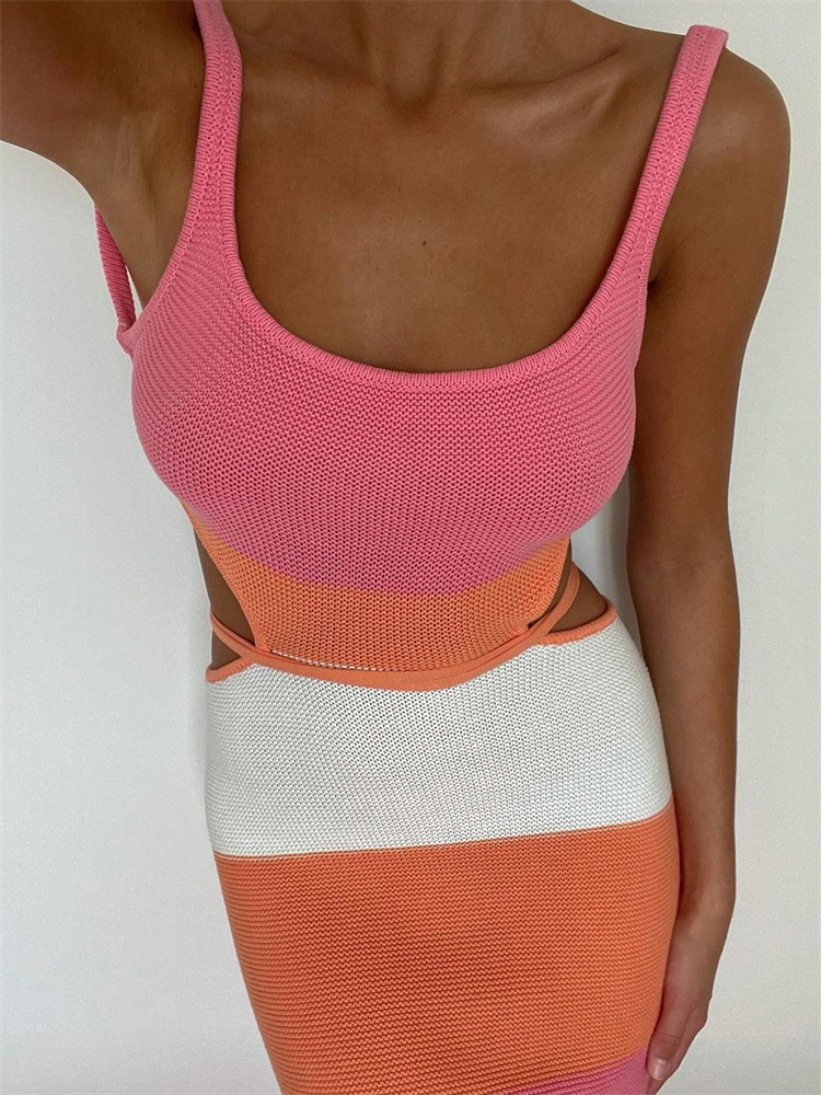 Ootddress Women Stripe Knitted Backless Sexy Bodycon Dress Bandage Contrast Color Spaghetti Strap Long Dresses Party Beach Summer