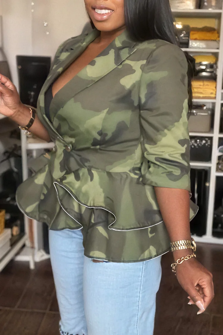 Plus Size Business Casual Army Green Camo Lapel Collar Short Sleeve Ruffle Casual Jacket
