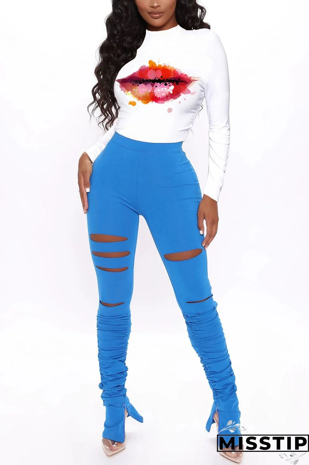 cartoon Fashion Lips Butterfly Print Ripped Slit O Neck Long Sleeve Two Pieces