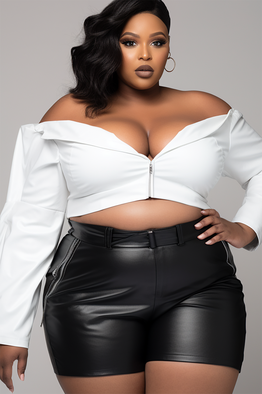 Design Plus Size Daily White Off The Shoulder Long Sleeve Zipper Blouse [Pre-Order]