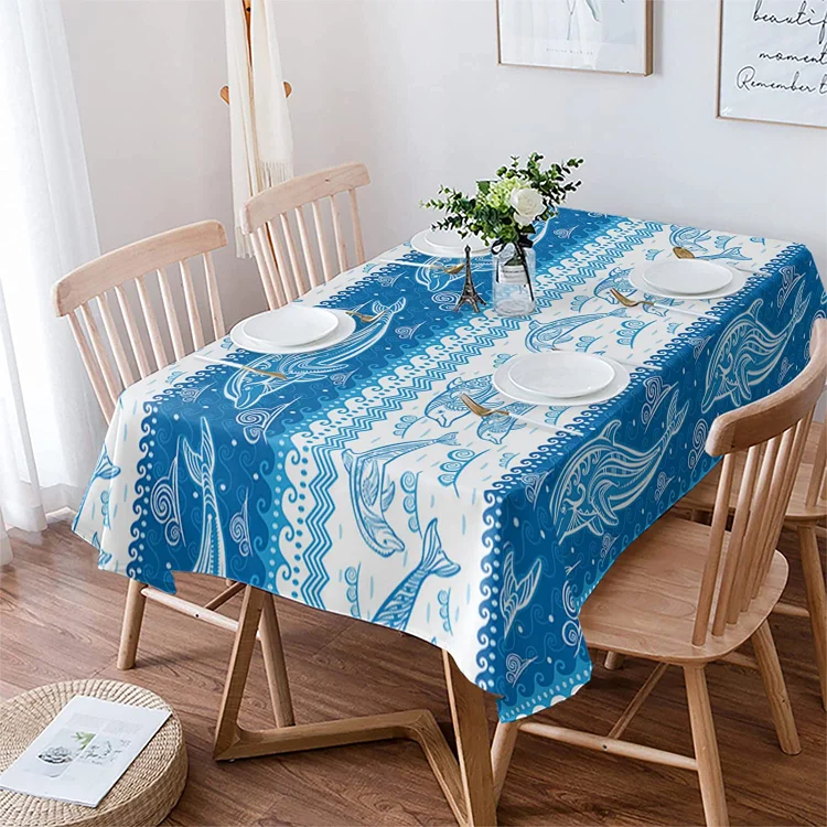 Summer Beach Sea Wave Dolphin Rectangle Tablecloths Kitchen Table Decor Waterproof Fabric Tablecloth Holiday Party Decorations
