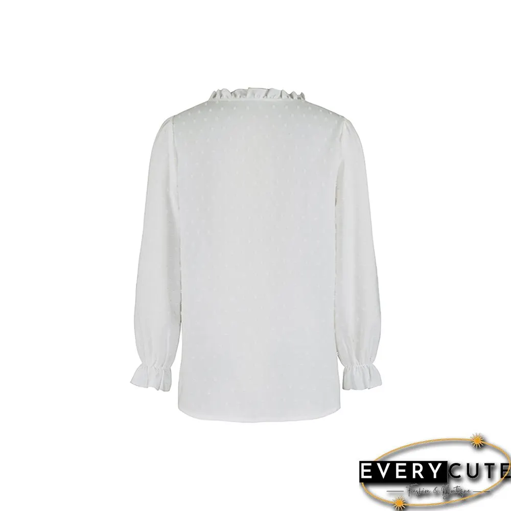 White Ruffle Detail Button V Neck Shirt