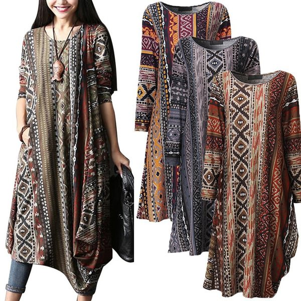 Women Loose Casual Loose Ethnic Retro Printed Kaftan Long Shirt Dress Plus - Chicaggo