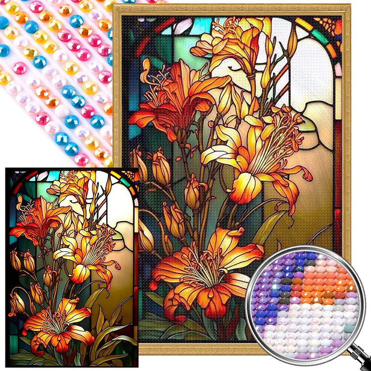 Lily Glass Painting 40*60CM (Canvas) AB Round Drill Diamond Painting gbfke