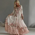 Women's Vintage Floral Embroidery Art Print Flowy Linen Blend Maxi Dress - Image 2