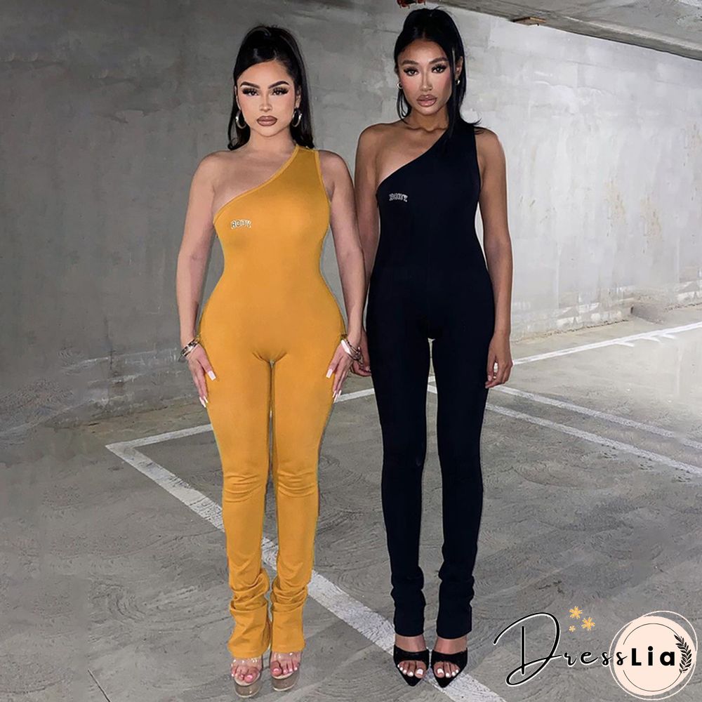 Wild Fashion Jumpsuit Women Letter Print One Shoulder Sleeveless Long Rompers Summer Skinny Party Clothes Clubwear